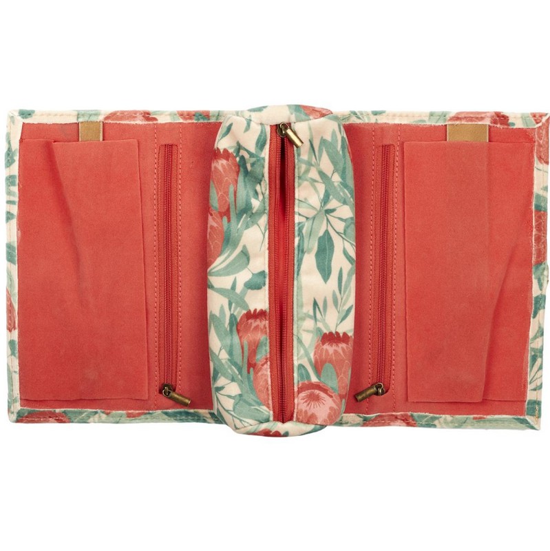 Trousse portagioie gialla da viaggio decorata con fiori rossi su sfondo verde